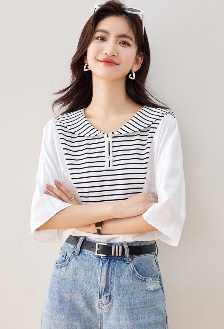 Loose navy collar T-shirt Pseudo-two summer shirt for women