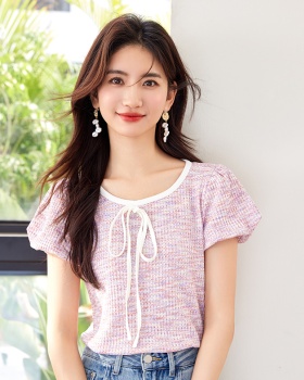 Short sleeve small fellow summer tops puff sleeve bow T-shirt
