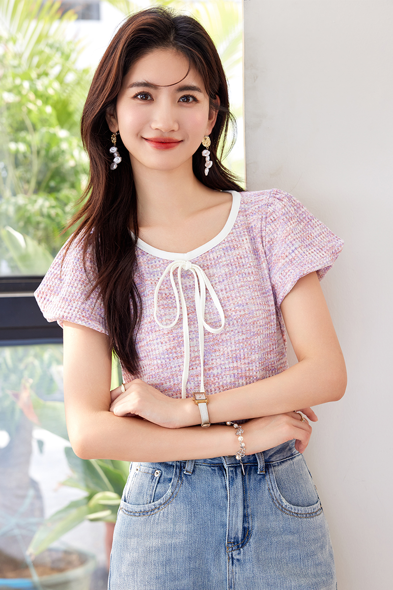 Short sleeve small fellow summer tops puff sleeve bow T-shirt