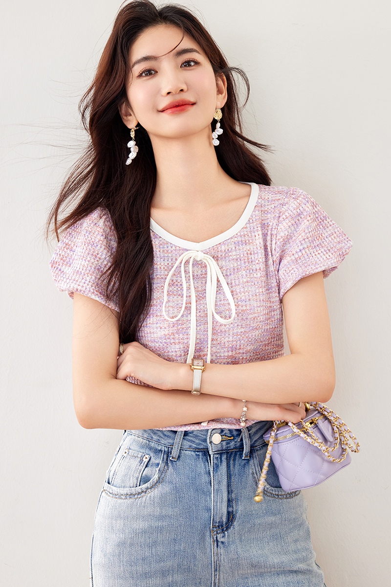 Short sleeve small fellow summer tops puff sleeve bow T-shirt