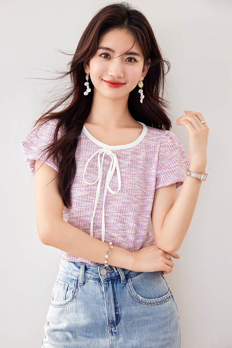 Short sleeve small fellow summer tops puff sleeve bow T-shirt