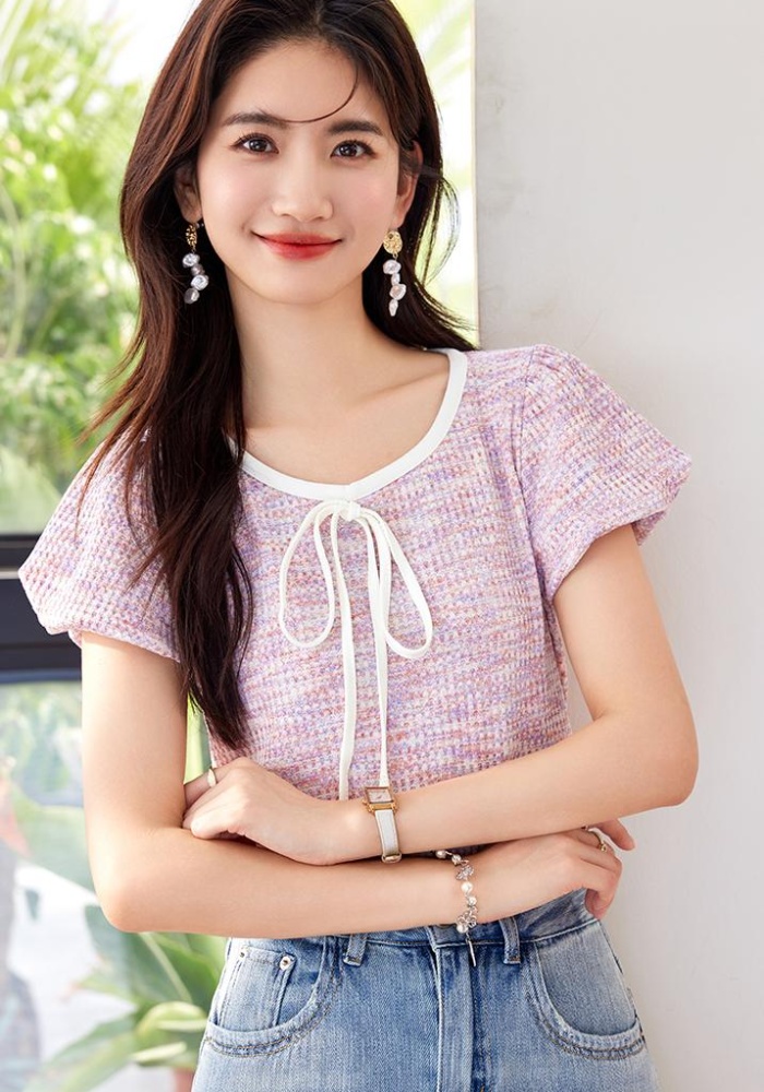 Short sleeve small fellow summer tops puff sleeve bow T-shirt