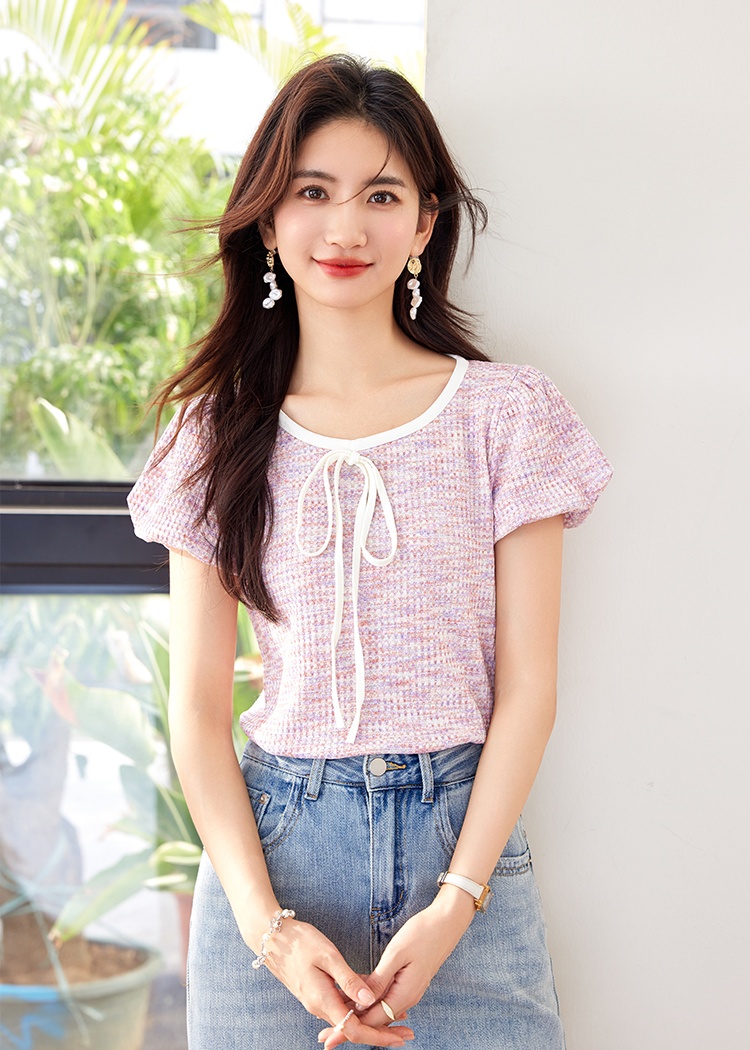 Short sleeve small fellow summer tops puff sleeve bow T-shirt