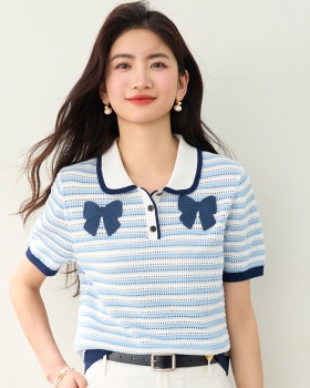 Show young crochet knitted T-shirt fresh stripe tops
