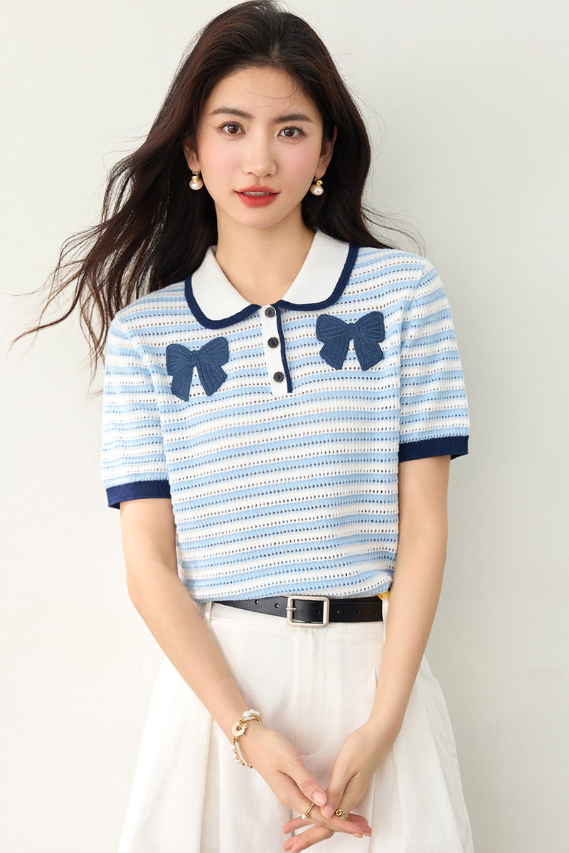 Show young crochet knitted T-shirt fresh stripe tops