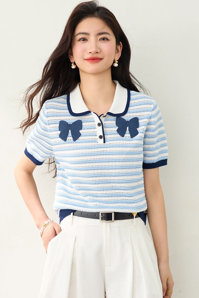 Show young crochet knitted T-shirt fresh stripe tops