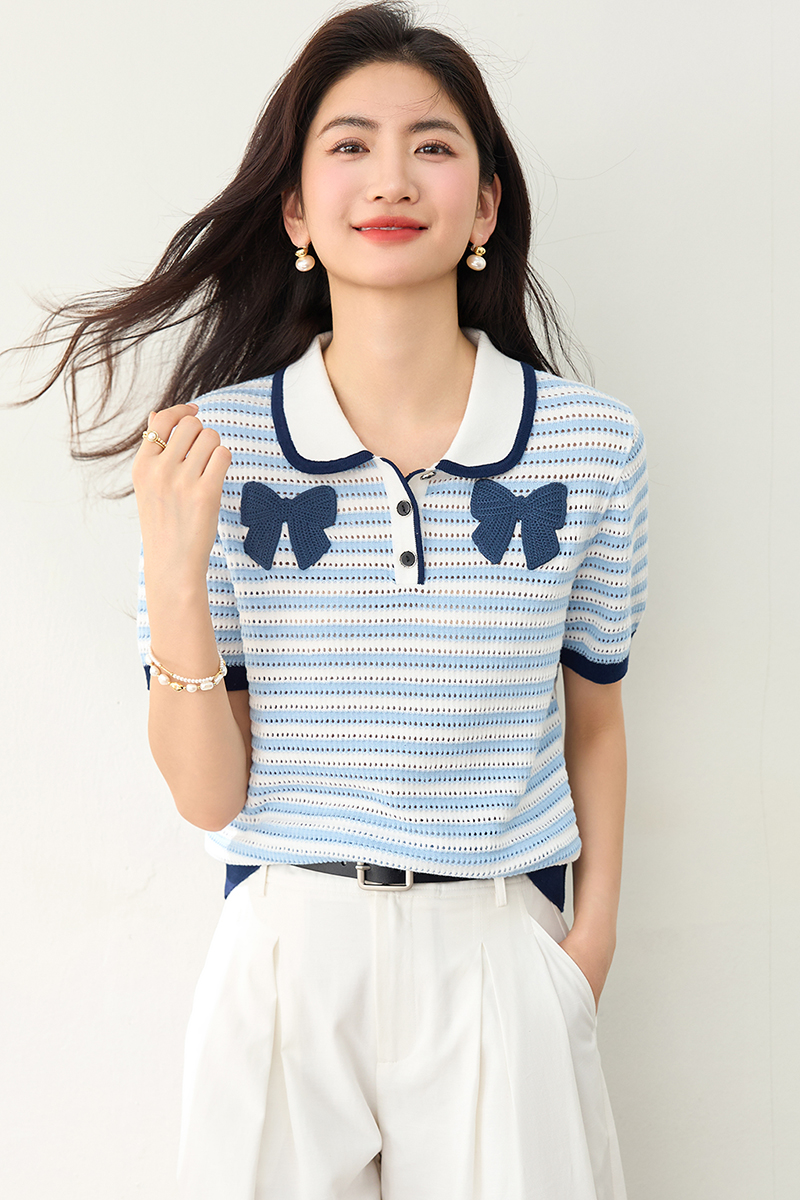 Show young crochet knitted T-shirt fresh stripe tops