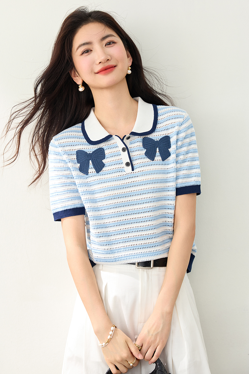 Show young crochet knitted T-shirt fresh stripe tops
