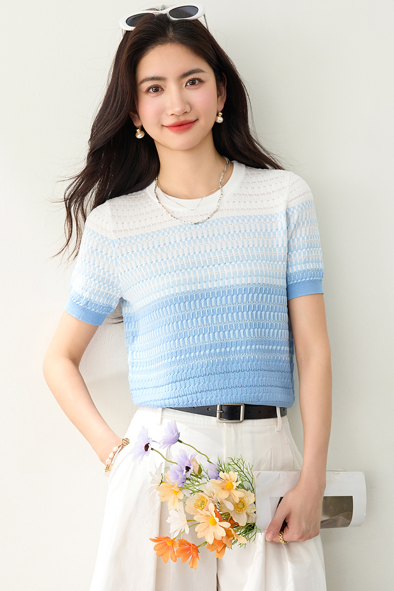 Short sleeve summer sweater blue short tops for women