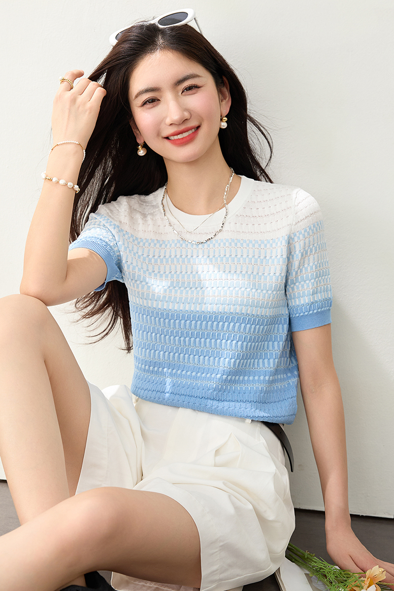 Short sleeve summer sweater blue short tops for women
