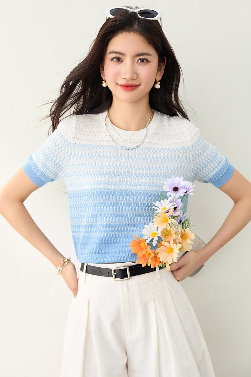 Short sleeve summer sweater blue short tops for women