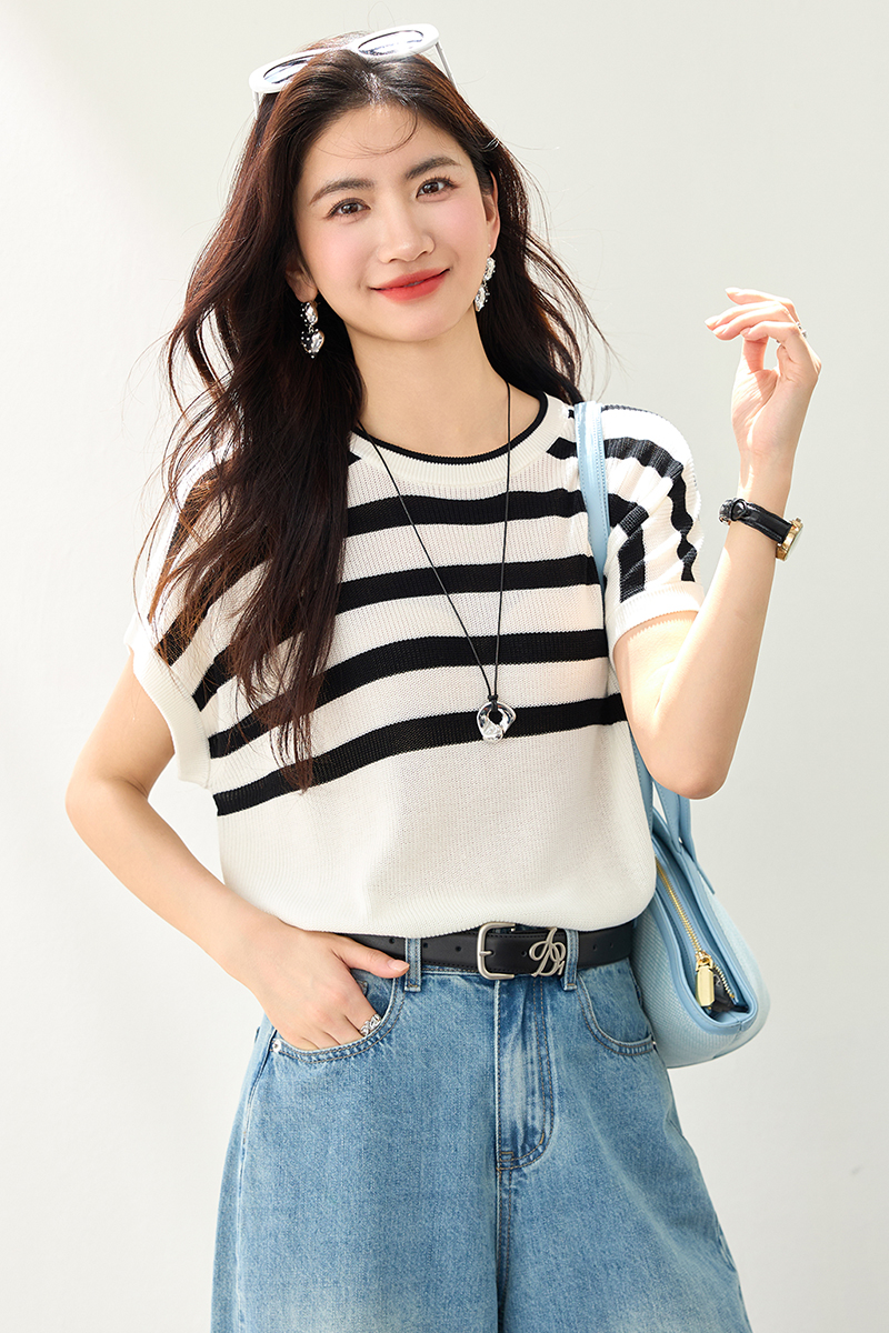 Round neck loose tops knitted short sleeve T-shirt