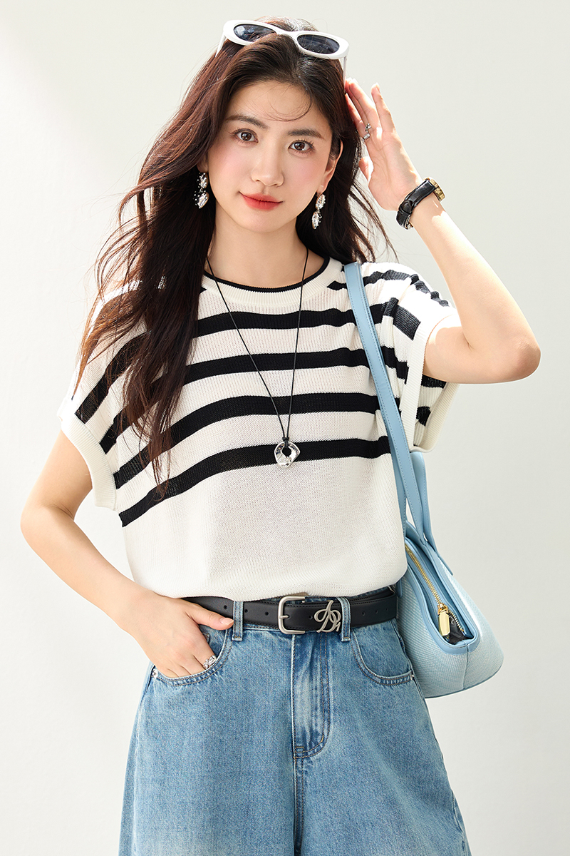 Round neck loose tops knitted short sleeve T-shirt