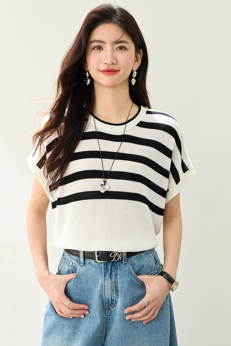 Round neck loose tops knitted short sleeve T-shirt