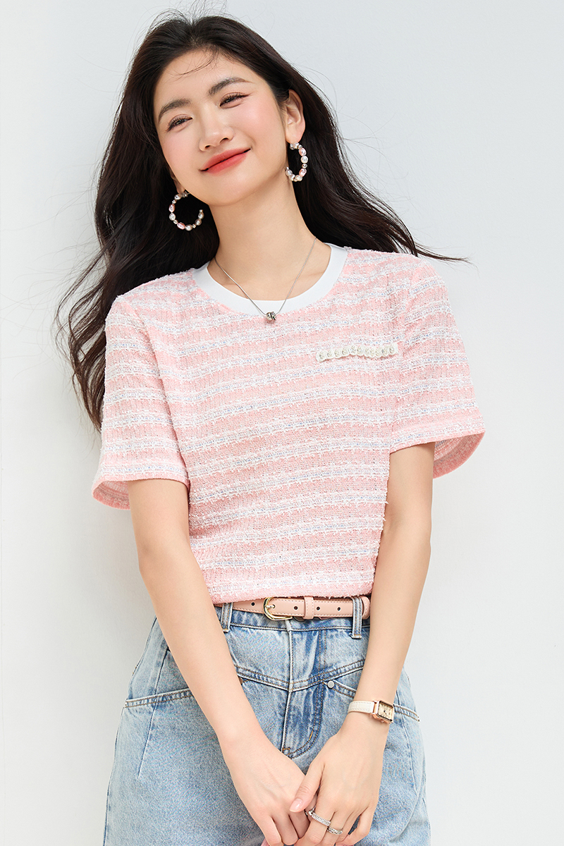 Chanelstyle temperament round neck simple tops for women