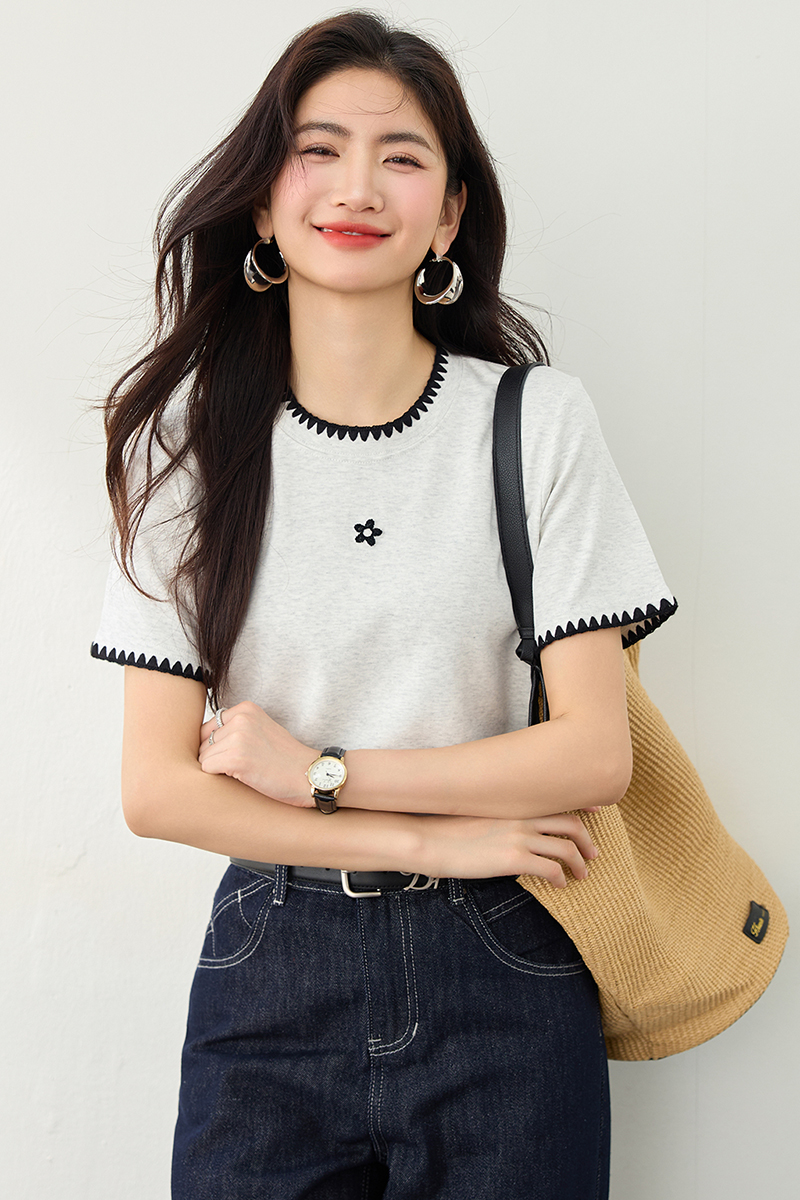 Slim Korean style tops short sleeve embroidery T-shirt