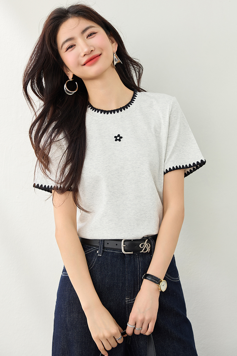 Slim Korean style tops short sleeve embroidery T-shirt