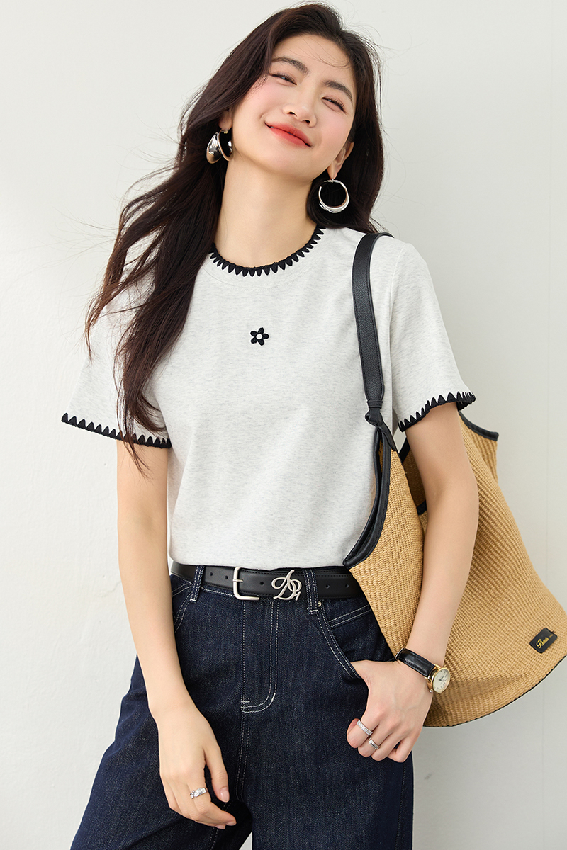 Slim Korean style tops short sleeve embroidery T-shirt