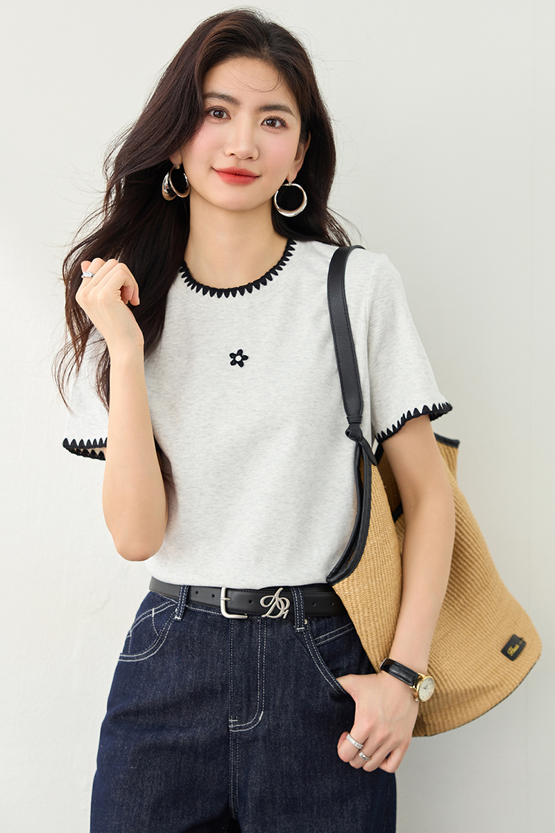 Slim Korean style tops short sleeve embroidery T-shirt