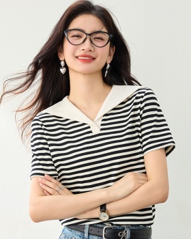 Summer stripe T-shirt navy collar lazy tops