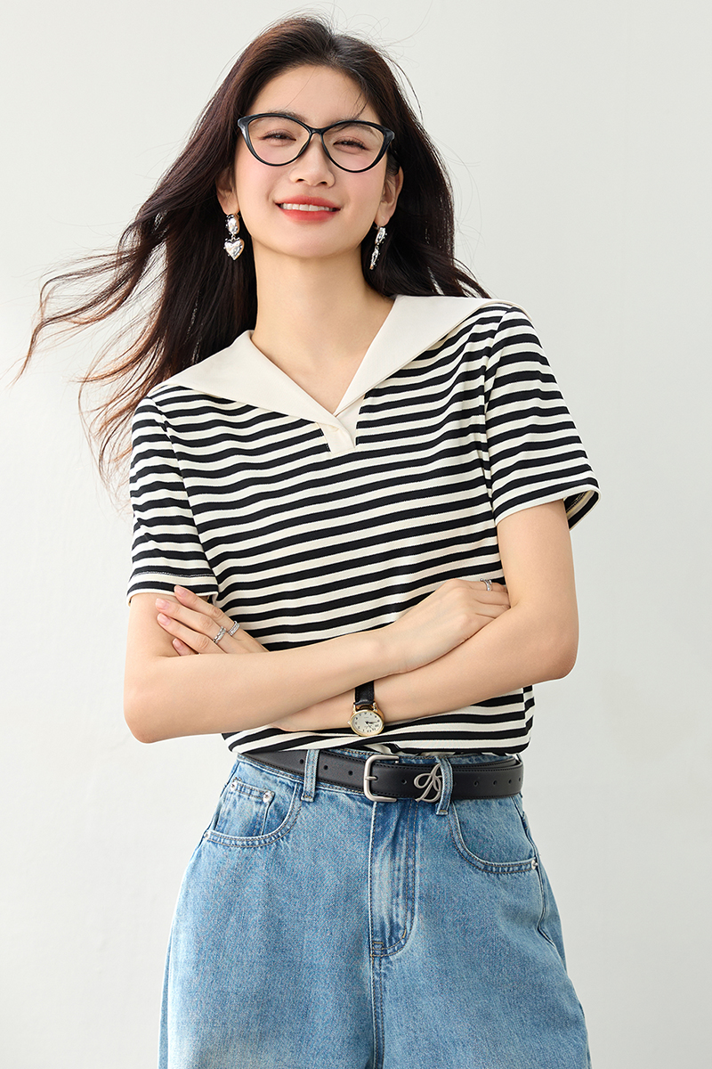 Summer stripe T-shirt navy collar lazy tops
