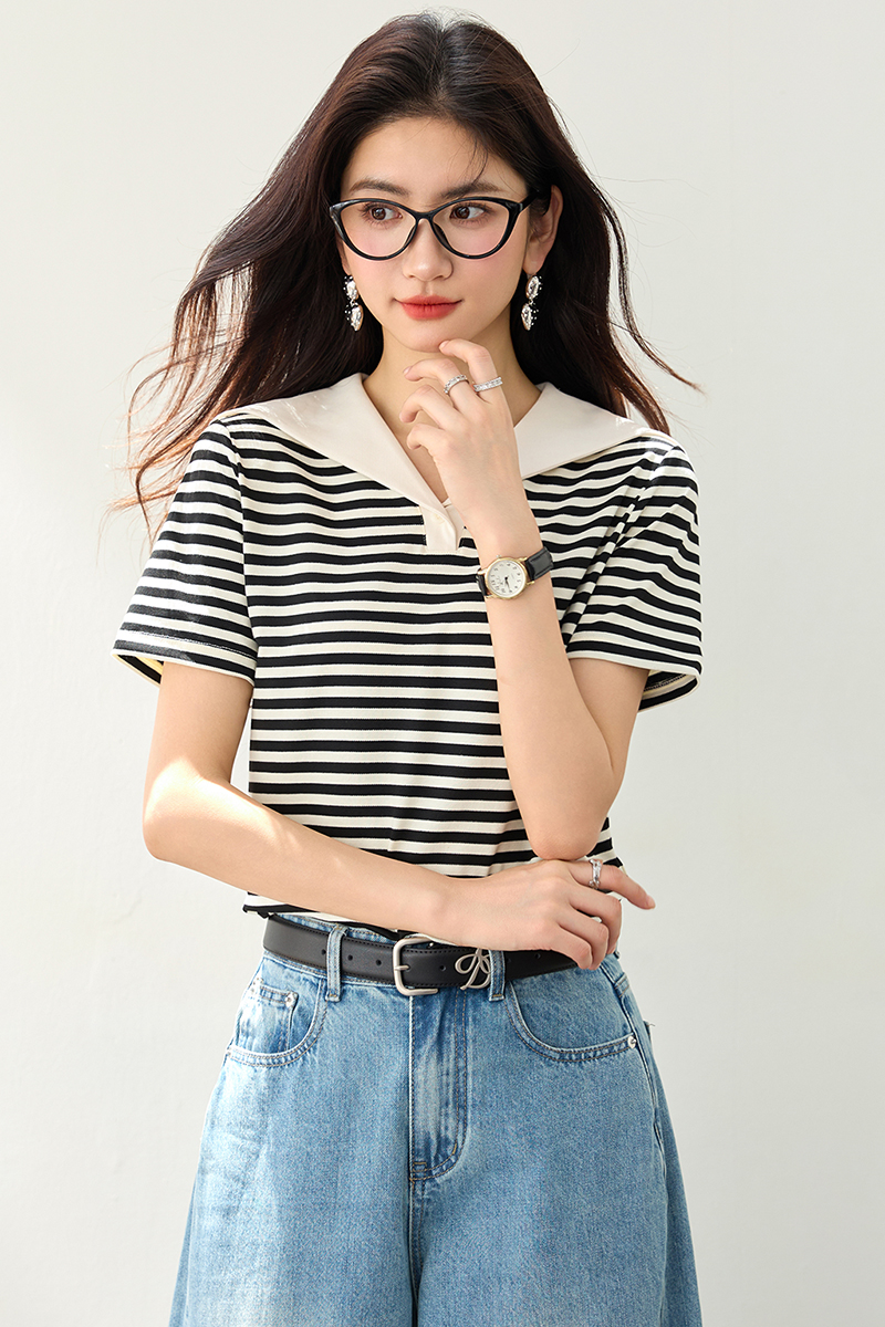 Summer stripe T-shirt navy collar lazy tops