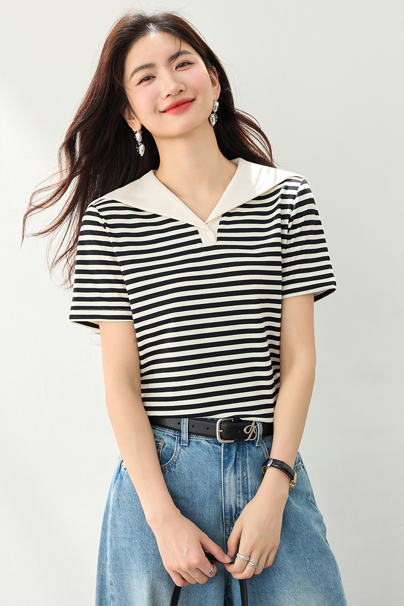 Summer stripe T-shirt navy collar lazy tops