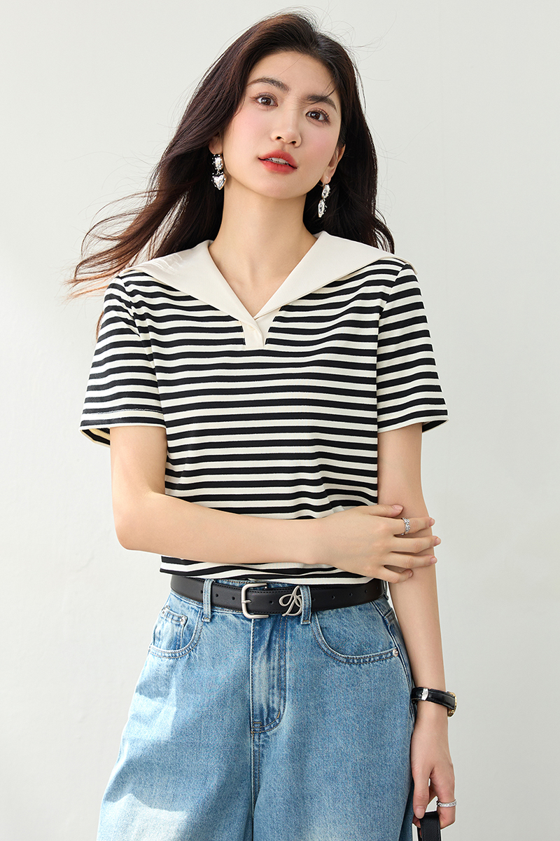 Summer stripe T-shirt navy collar lazy tops