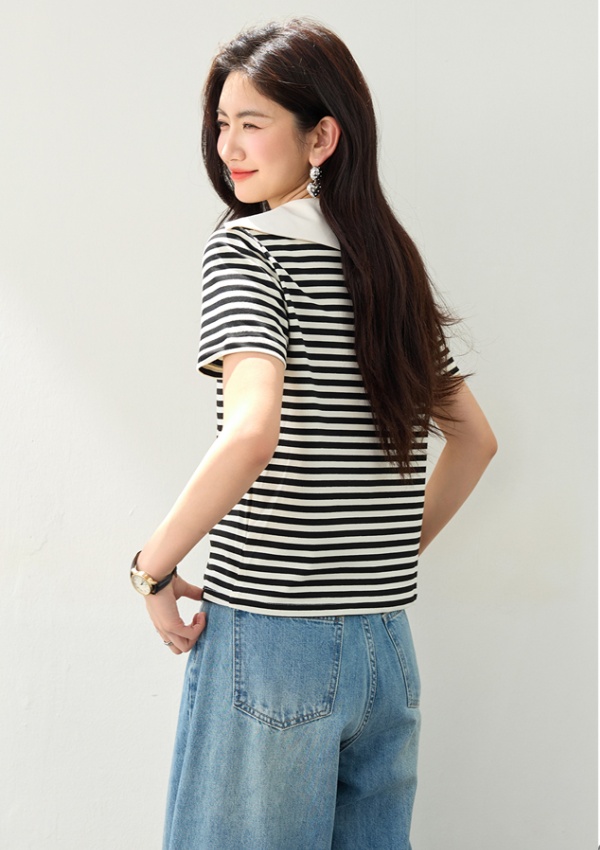 Summer stripe T-shirt navy collar lazy tops