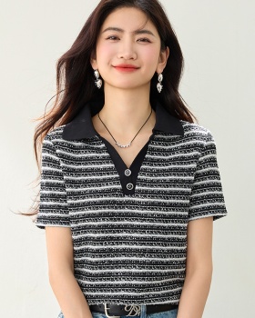 All-match V-neck summer T-shirt stripe Casual simple tops