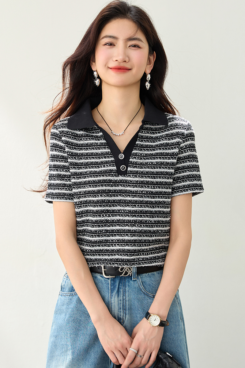 All-match V-neck summer T-shirt stripe Casual simple tops