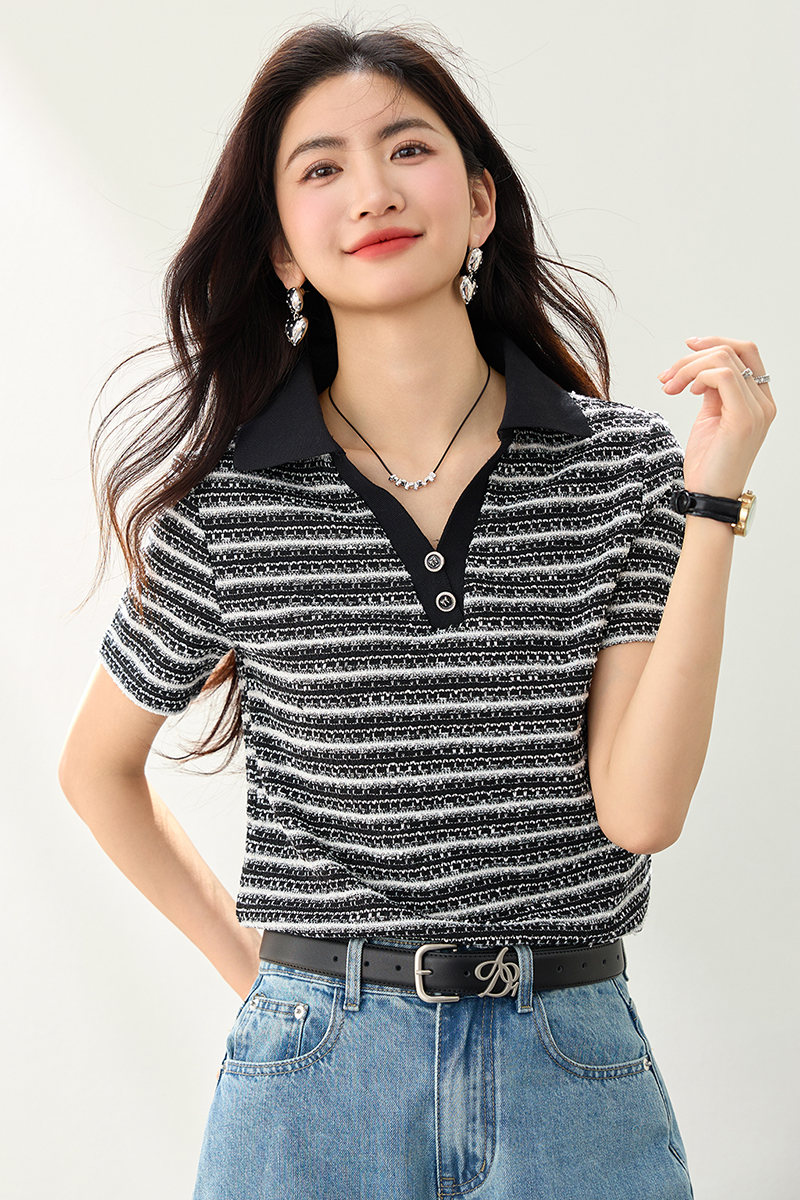 All-match V-neck summer T-shirt stripe Casual simple tops