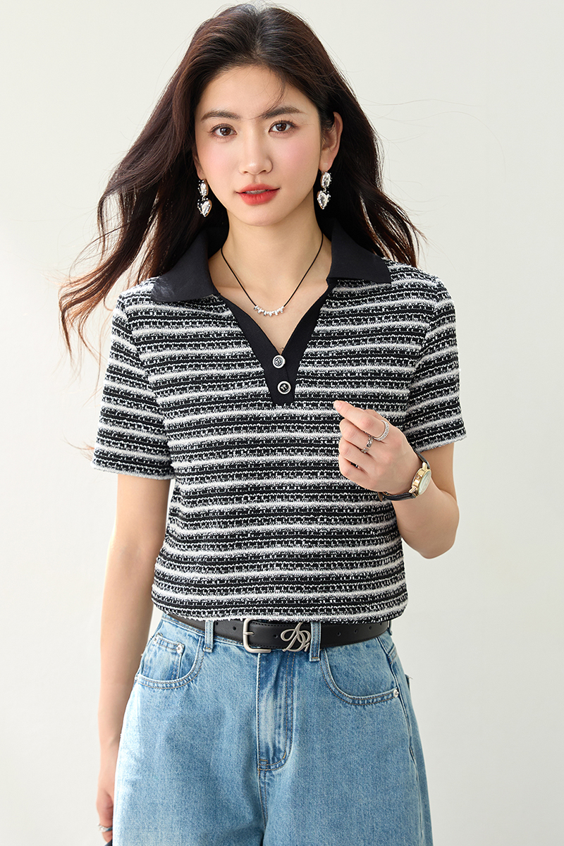 All-match V-neck summer T-shirt stripe Casual simple tops