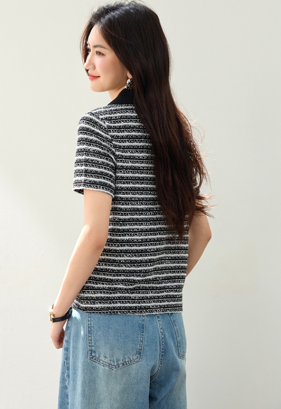 All-match V-neck summer T-shirt stripe Casual simple tops