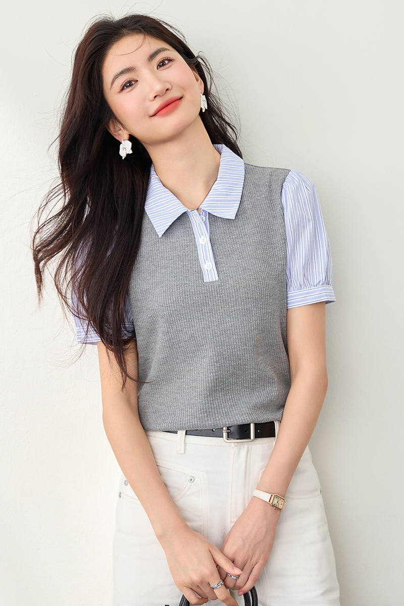 Lapel tops mixed colors shirt for women