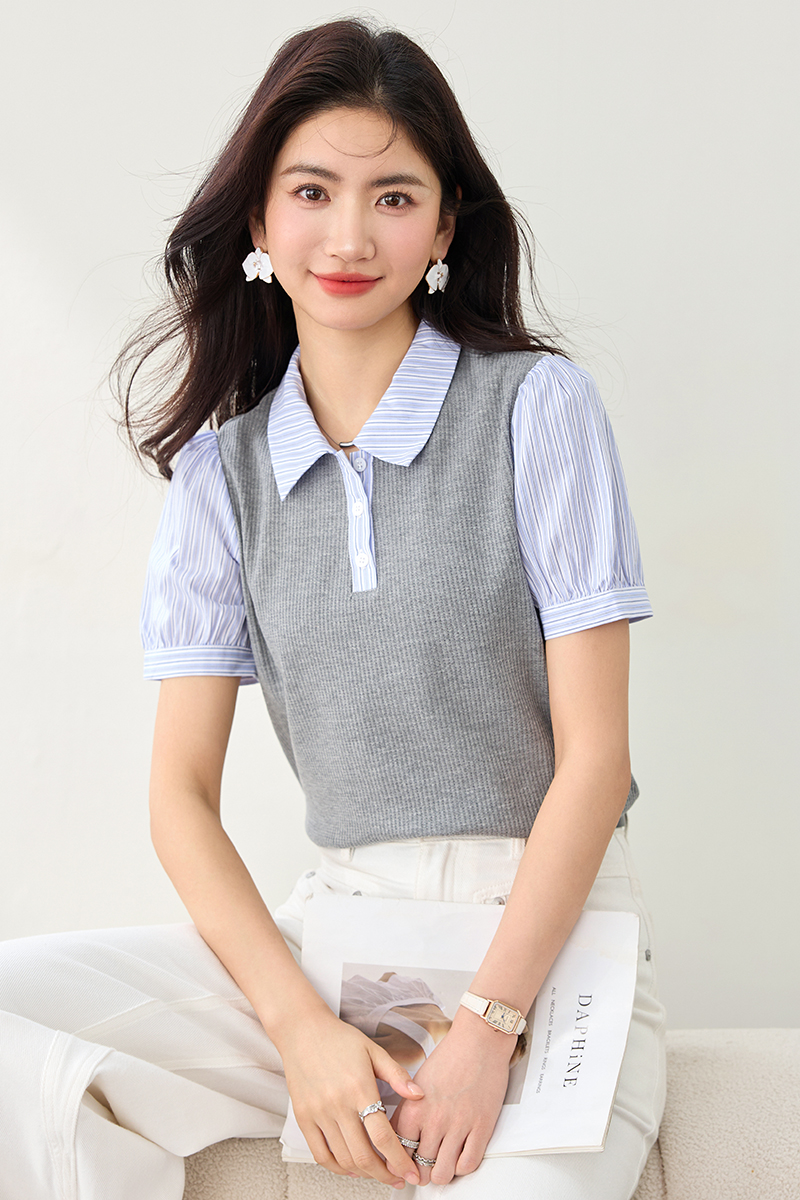 Lapel tops mixed colors shirt for women