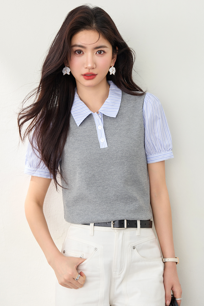 Lapel tops mixed colors shirt for women