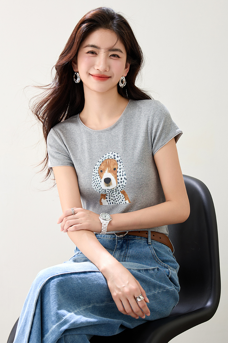 Loose puppy round neck mixed colors summer printing Casual tops
