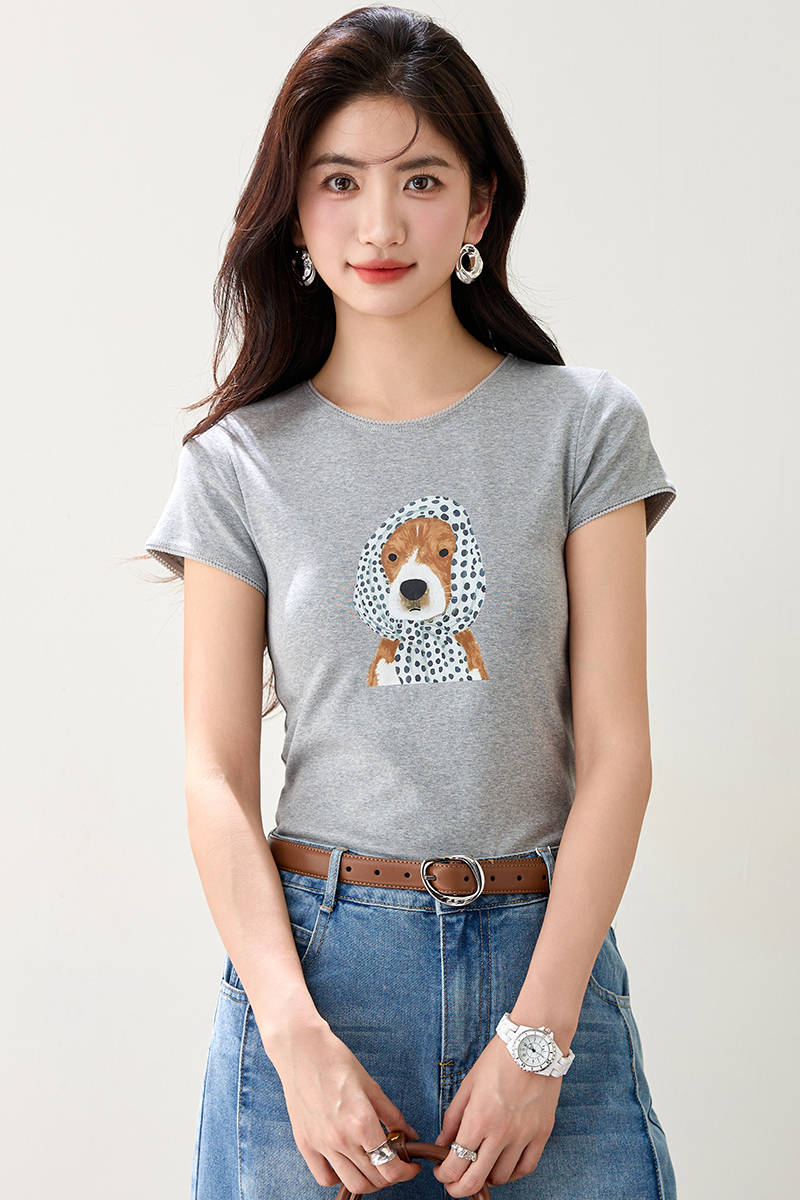 Loose puppy round neck mixed colors summer printing Casual tops