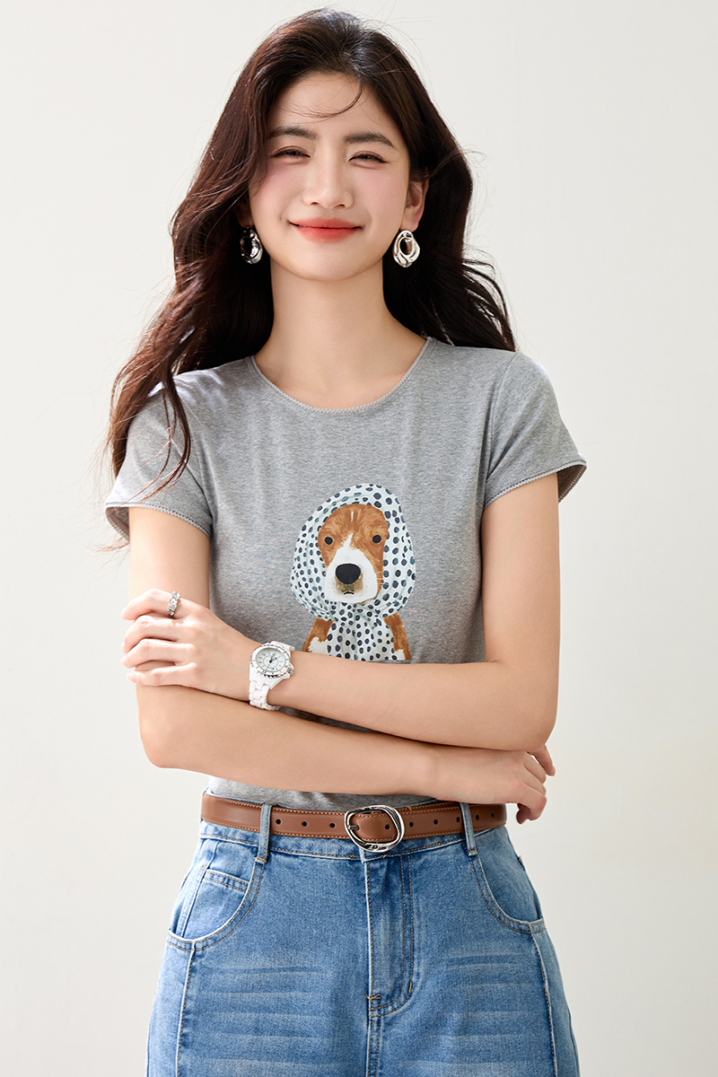 Loose puppy round neck mixed colors summer printing Casual tops