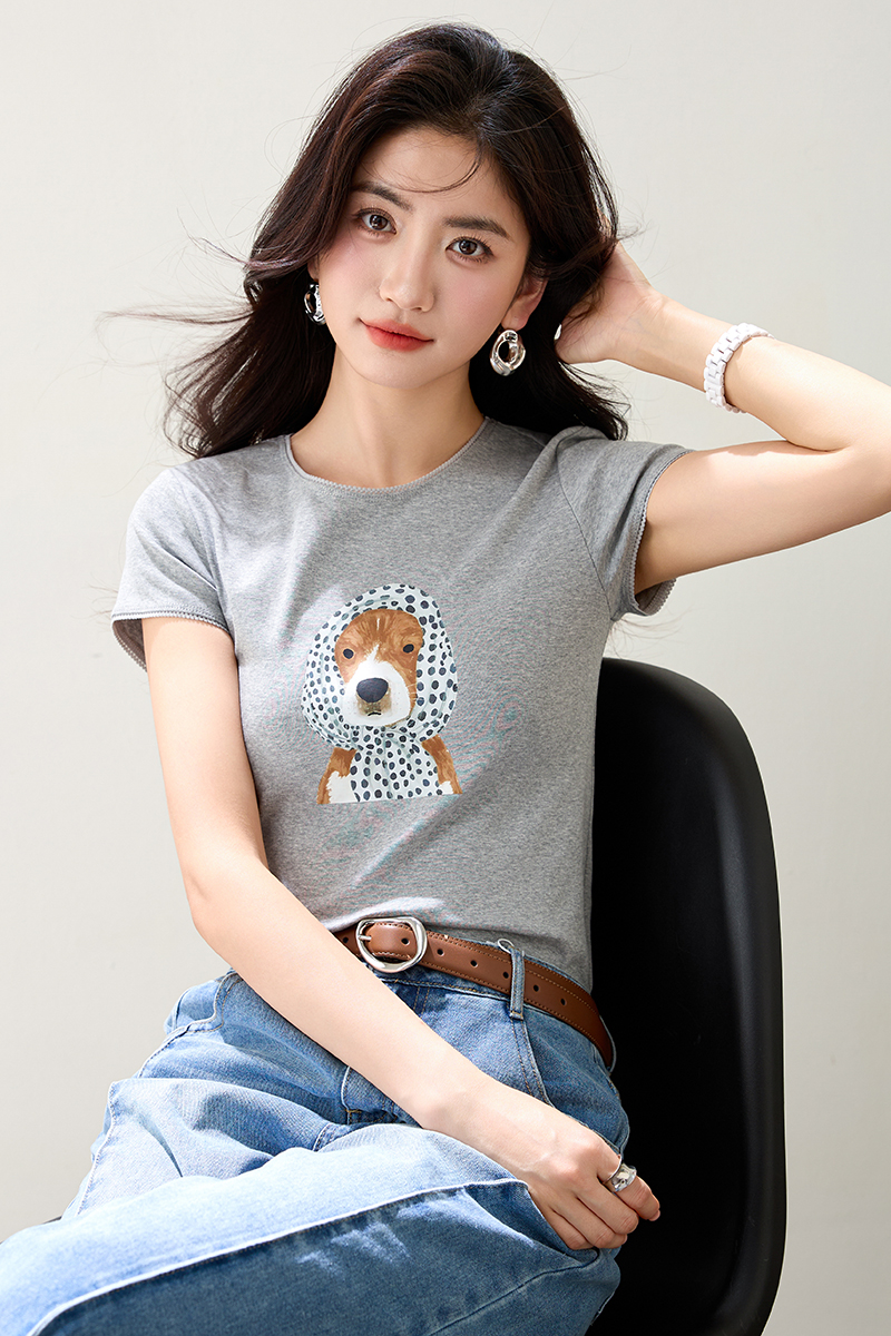 Loose puppy round neck mixed colors summer printing Casual tops