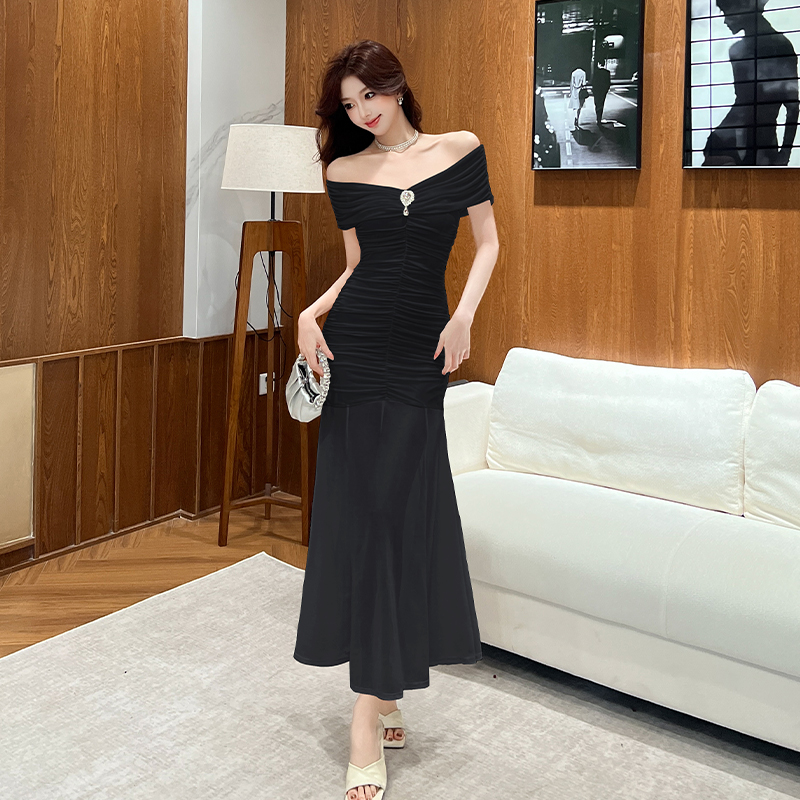 Spring and summer V-neck flat shoulder chouzhe dress