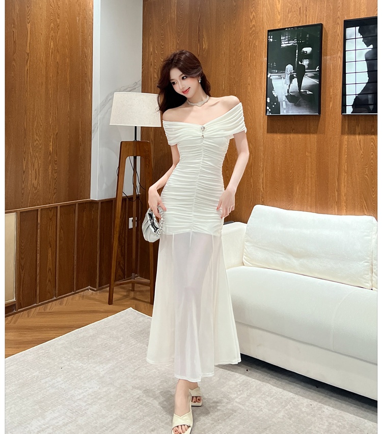 Spring and summer V-neck flat shoulder chouzhe dress