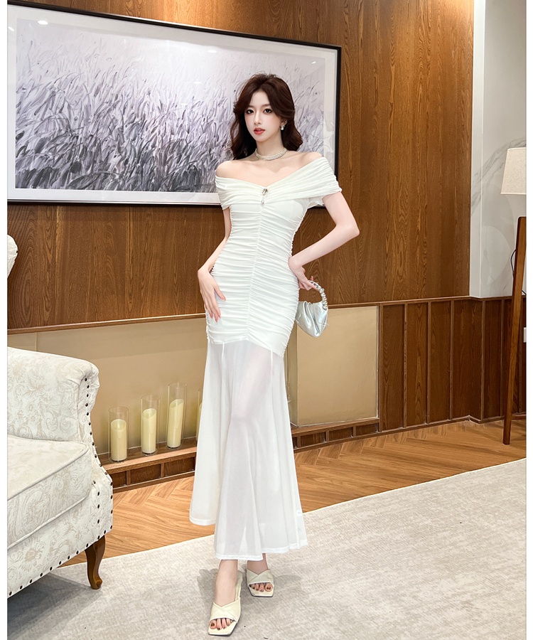Spring and summer V-neck flat shoulder chouzhe dress
