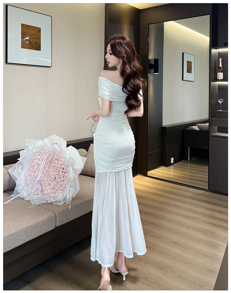 Spring and summer V-neck flat shoulder chouzhe dress