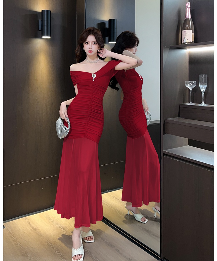 Spring and summer V-neck flat shoulder chouzhe dress