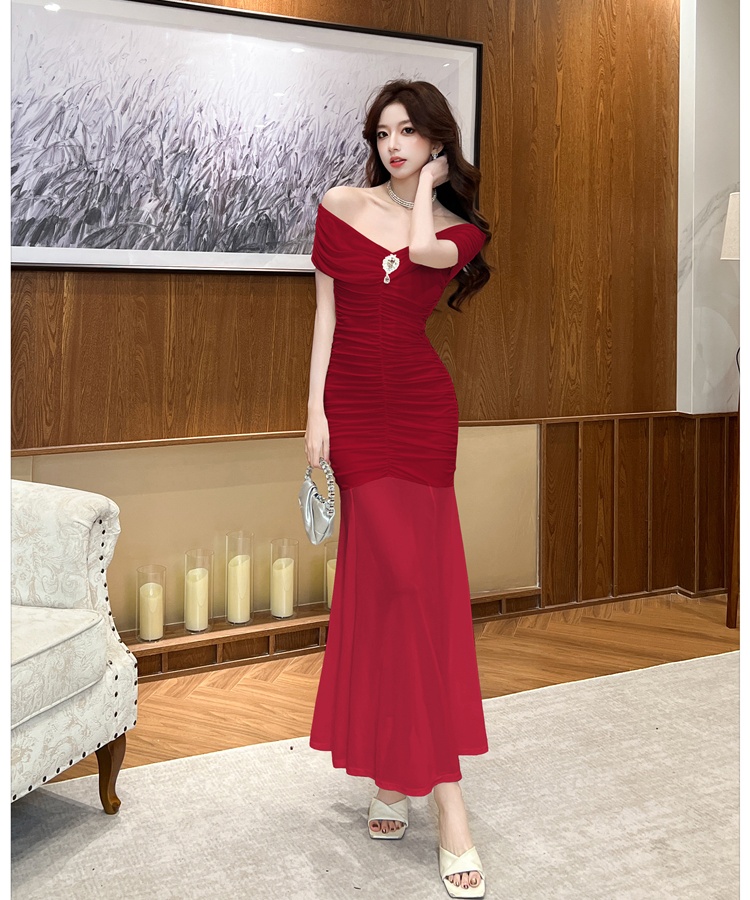 Spring and summer V-neck flat shoulder chouzhe dress