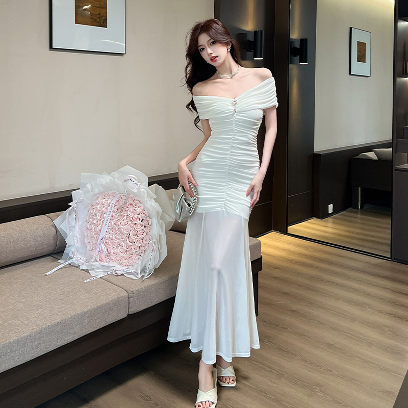 Spring and summer V-neck flat shoulder chouzhe dress