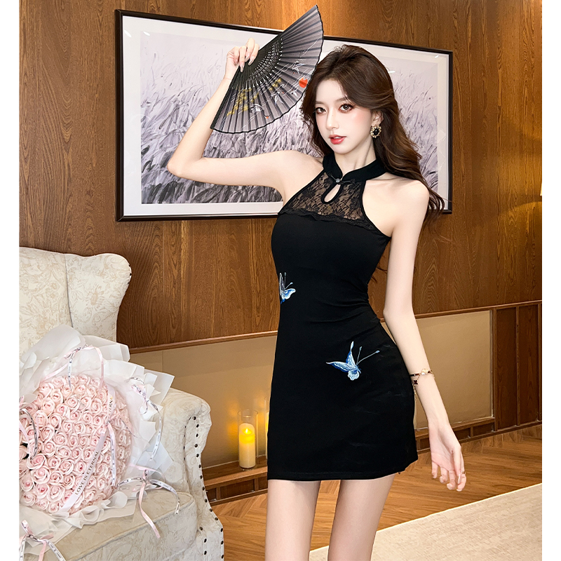 Sexy package hip T-back embroidery dress for women