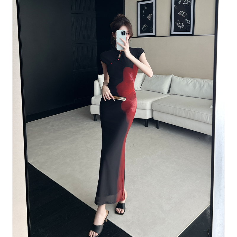 Summer red dress mixed colors slim long dress